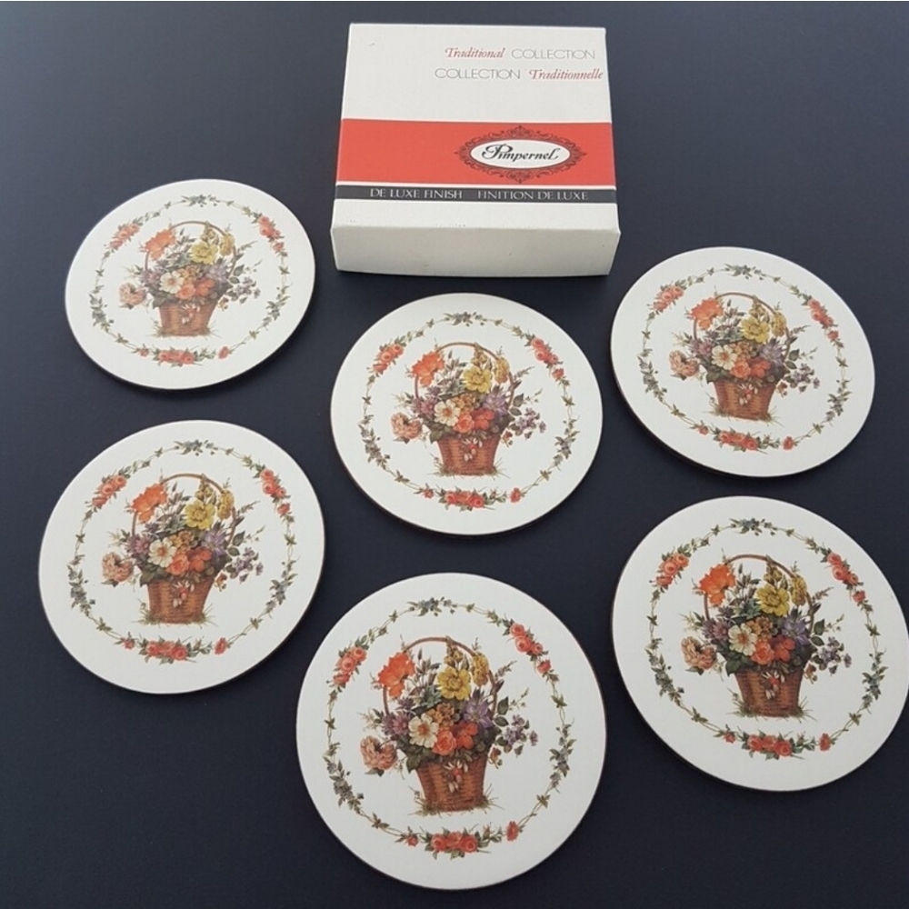 Vintage Pimpernel Flower Basket Coasters - Set of 6 - Made in England